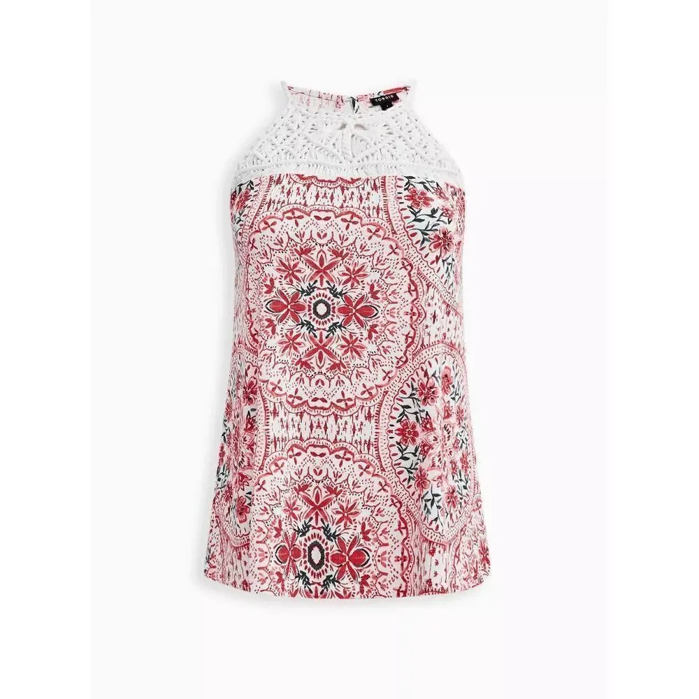 Torrid Red Ivory Knit Macramé High Neck Boho Print Tank Size 0‎ Large NWT